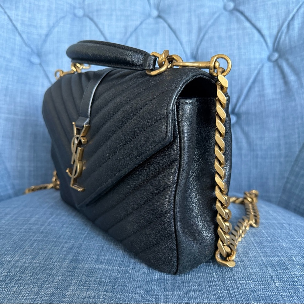 Saint Laurent Medium College Bag Black Chevron YSL Chain Shoulder Authentic - Picture 4 of 17